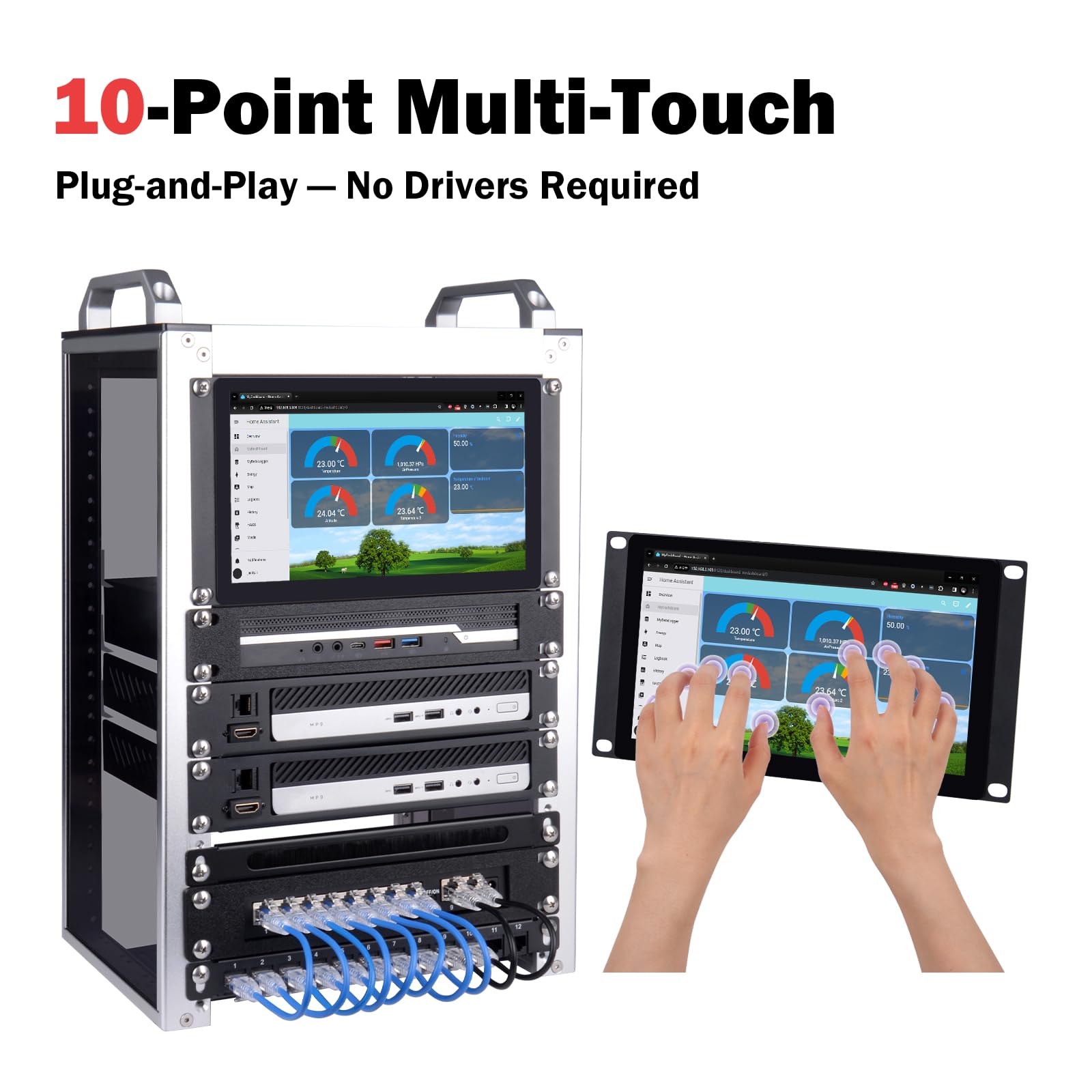 GeeekPi 9-calowy ekran dotykowy LCD 1280x720 monitor 3U do montażu w szafie rack do szafy serwerowej DeskPi RackMate T0/T1/T2/T0 Plus/T1 Plus/TL1 i 10-calowego mini stojaka serwerowego