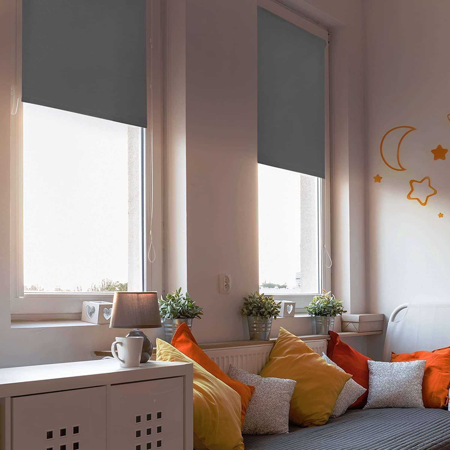 Tenda oscurante Blackout, impermeabile e resistente al calore, con clip di sicurezza e materiale di montaggio, tenda da finestra (110 x 150 cm, grigio)