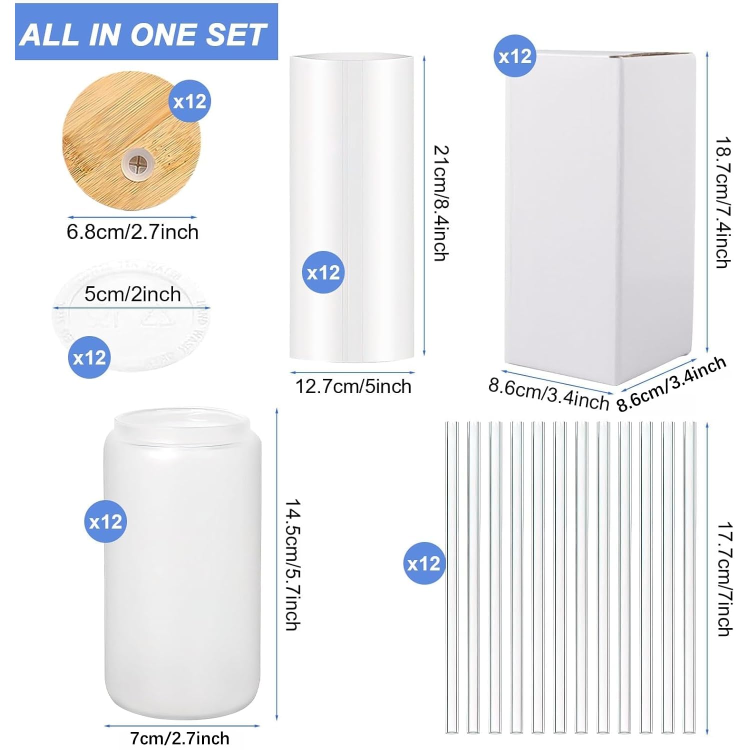12 Sublimation Rohlinge 500 ml, Glas mit Deckel und Strohhalm | Mattierte Sublimation Gläser mit Bambusdeckel, Strohhalm, Schrumpffolie, Silikonboden und Geschenkbox