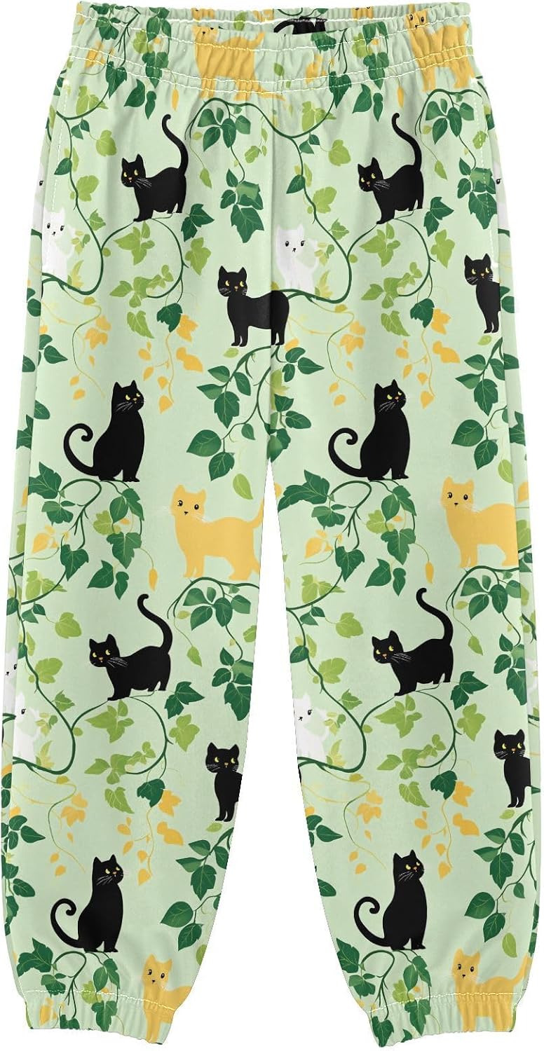 Boy Sweatpants Green Vine Leaf Cute Cat Joggers Casual Athletic Pants Kids Elastic Waist Cuffed with Pockets