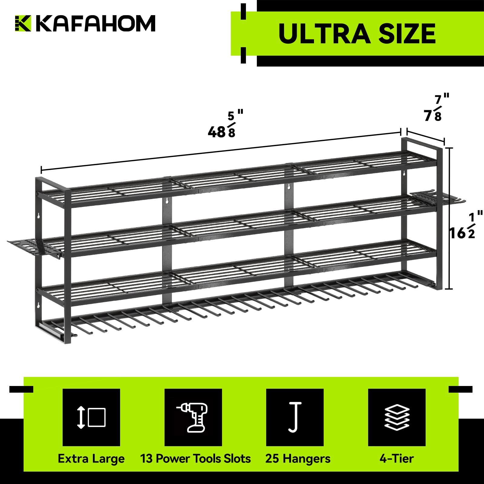 KAFAHOM Organizador grande de herramientas eléctricas de pared, soporte de 13 taladros para garaje, estante de herramientas eléctricas de 4 capas, organizador de herramientas y almacenamiento con 2