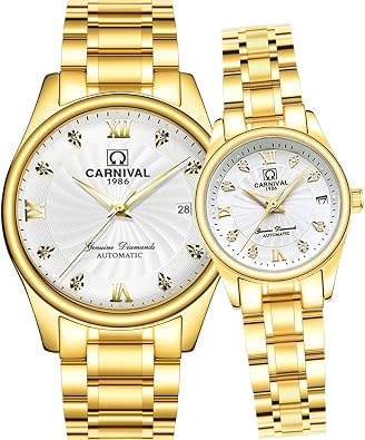 TEINTOP Carnival Mechanical Couple Watches Men and Women His or Hers Gift Set of 2 All Gold White