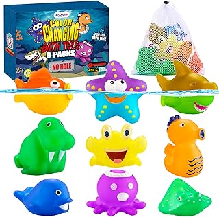 Color Changing Mold Free Bath Toys for Kids Toddlers, Color Change Sea Creatures Ocean Animal Toys with Drying Bag(9 Pack), No Hole No Mold Baby Bath Toys Water Toys Floating Fish Toys