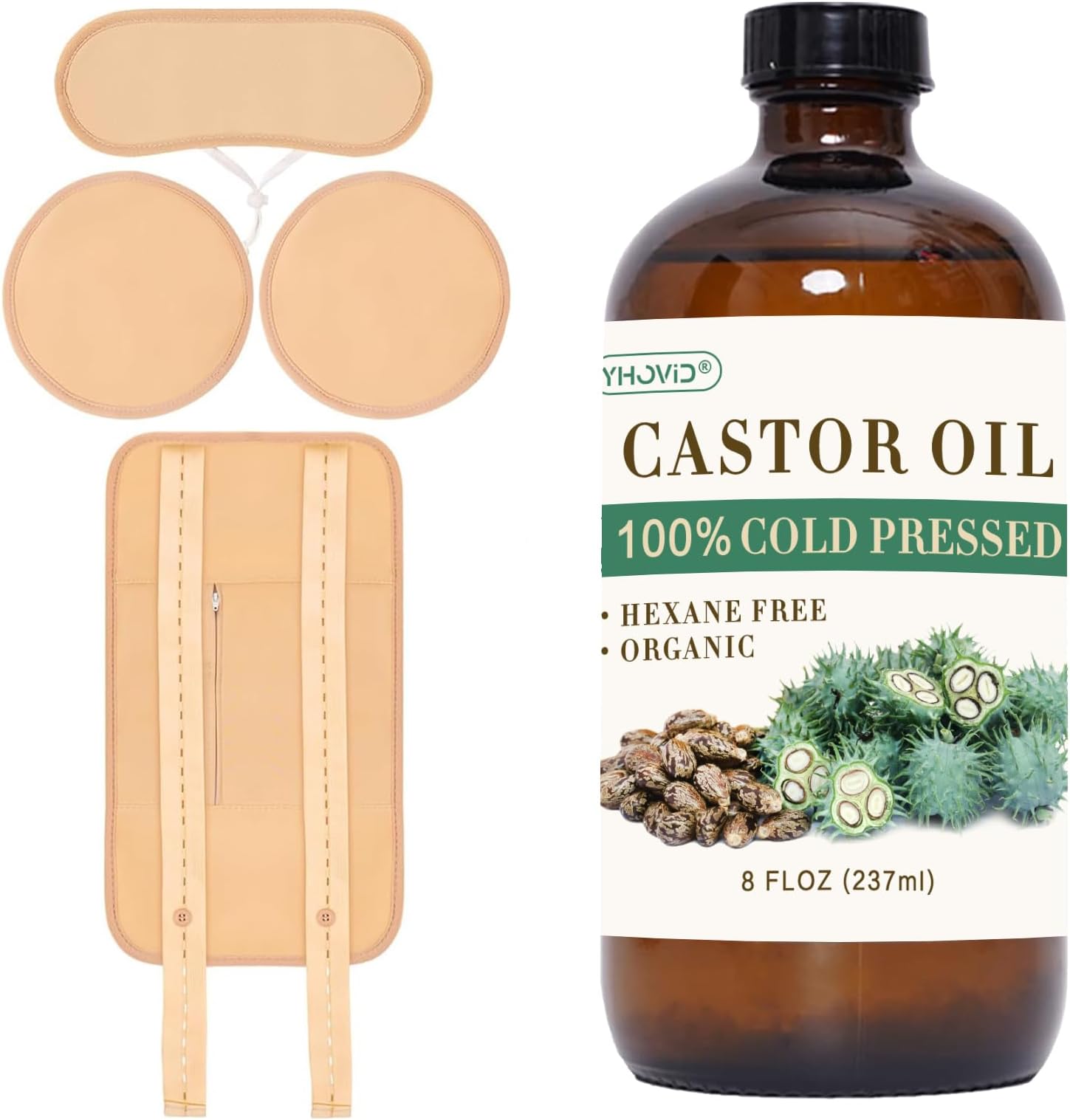 Castor Oil Pack Wrap, Castor Oil Organic Cold Pressed Unrefined Glass Bottle for Liver Detox, Stomach, Belly, Neck, Breast & Entire Body, Organic Cotton Reusable Pads Kit for Hot/Cold Compress