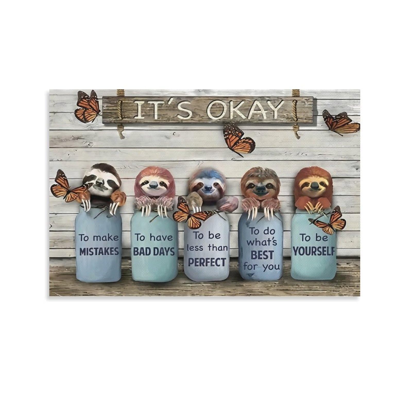 CPLVKWRQJ Sloth Motivational Art Single Piece Five Sloth Jar Art Butterfly Wooden Sign Framed Wall Art - Office Canvas Print Fade Resistant Wall Focal Art Decor 12x18inch(30x45cm)