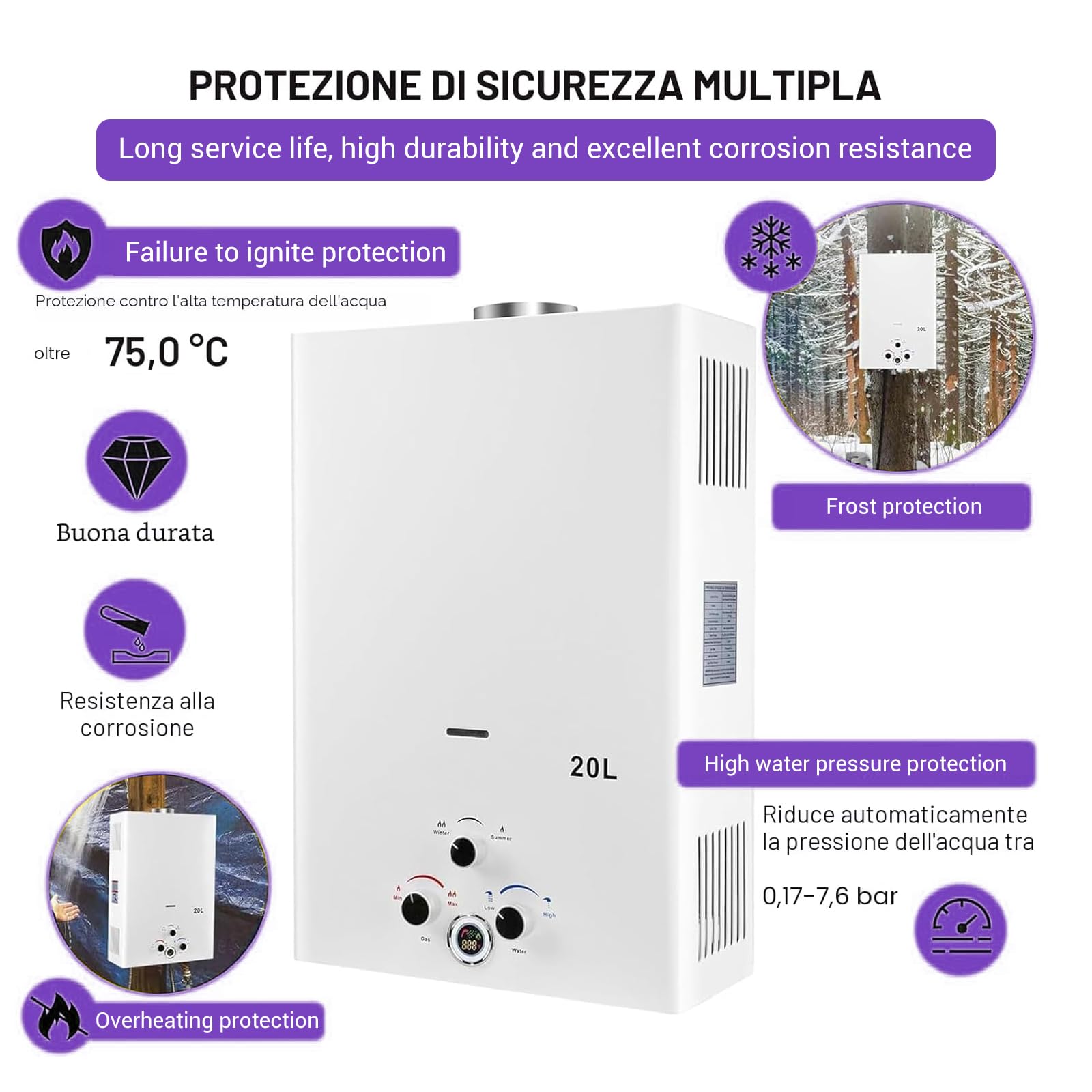 20L Scaldabagno a Gas Portatile, Scaldino a Gas da Esterno con Modalità Inverno/Estate, Display Digitale e Protezioni Multiple, per Casa, Campeggio e Camper
