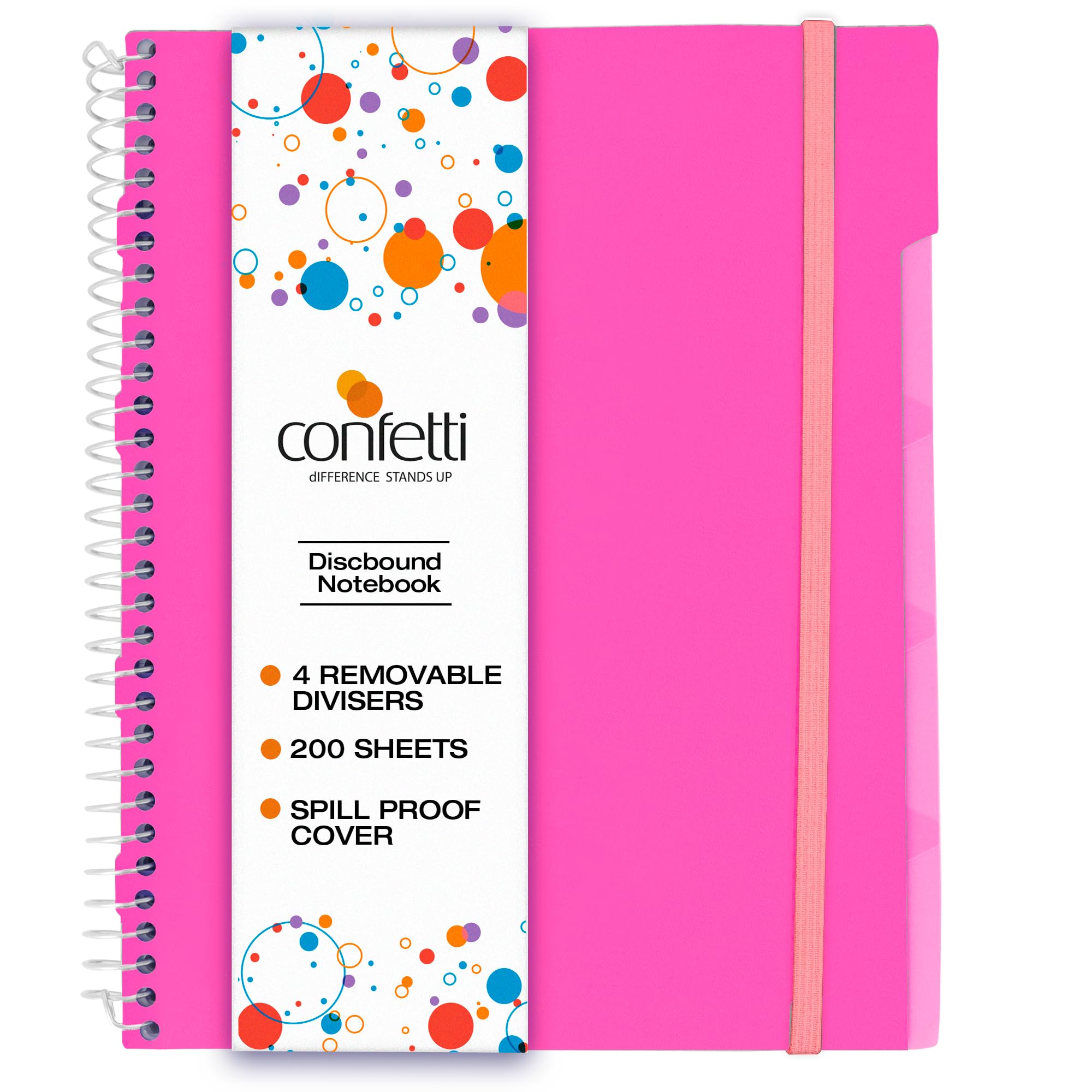 Confetti Cahier à spirales perforé pour école et bureau, reliure à spirale robuste avec 4 intercalaires et poche de rangement – 200 feuilles – Rose