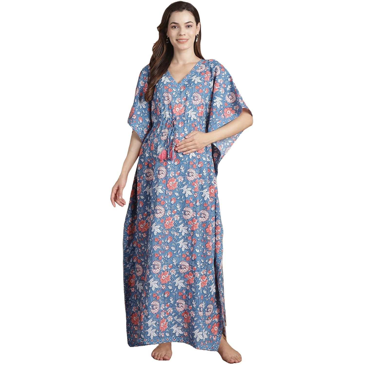 Women Light Blue Floral Cotton Maternity Kaftan/Free Size/Feeding/Nursing/Zipper/Drawstring/Printed/Full Length