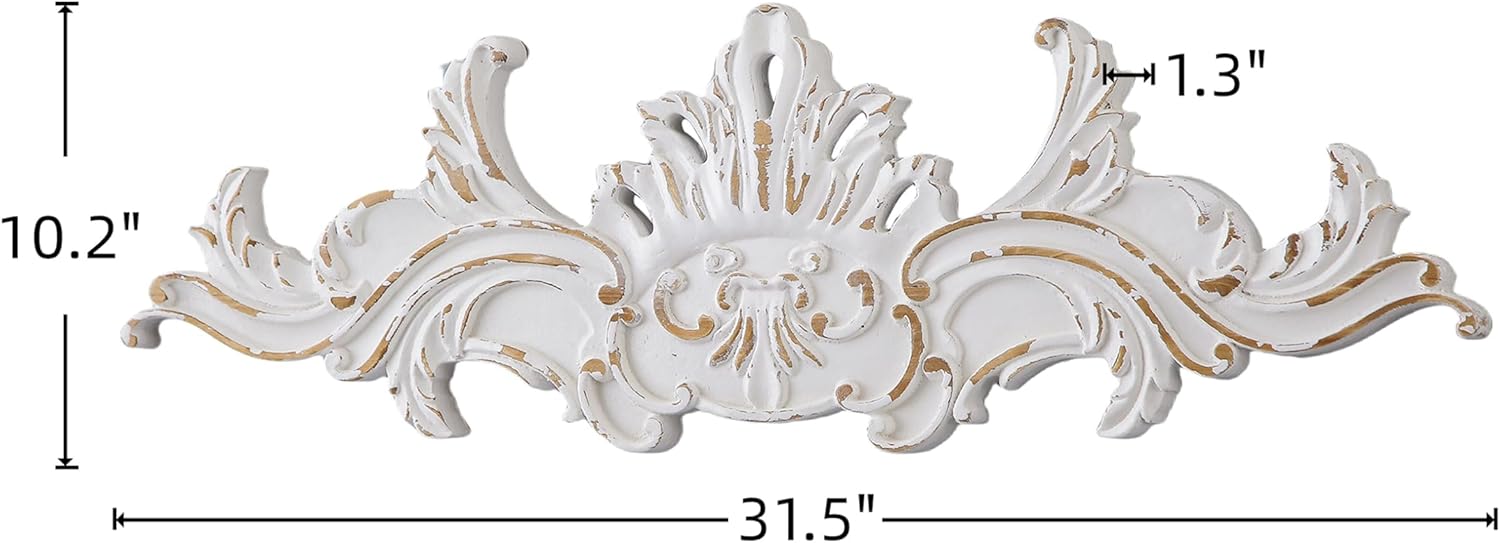 SOFE Vintage Wood Wall Sculpture, 32 Inches Long Horizontal Wall Art, Above Door Wall Decor, Decorative Floral Baroque Design, Hand-Carved Look with Accents