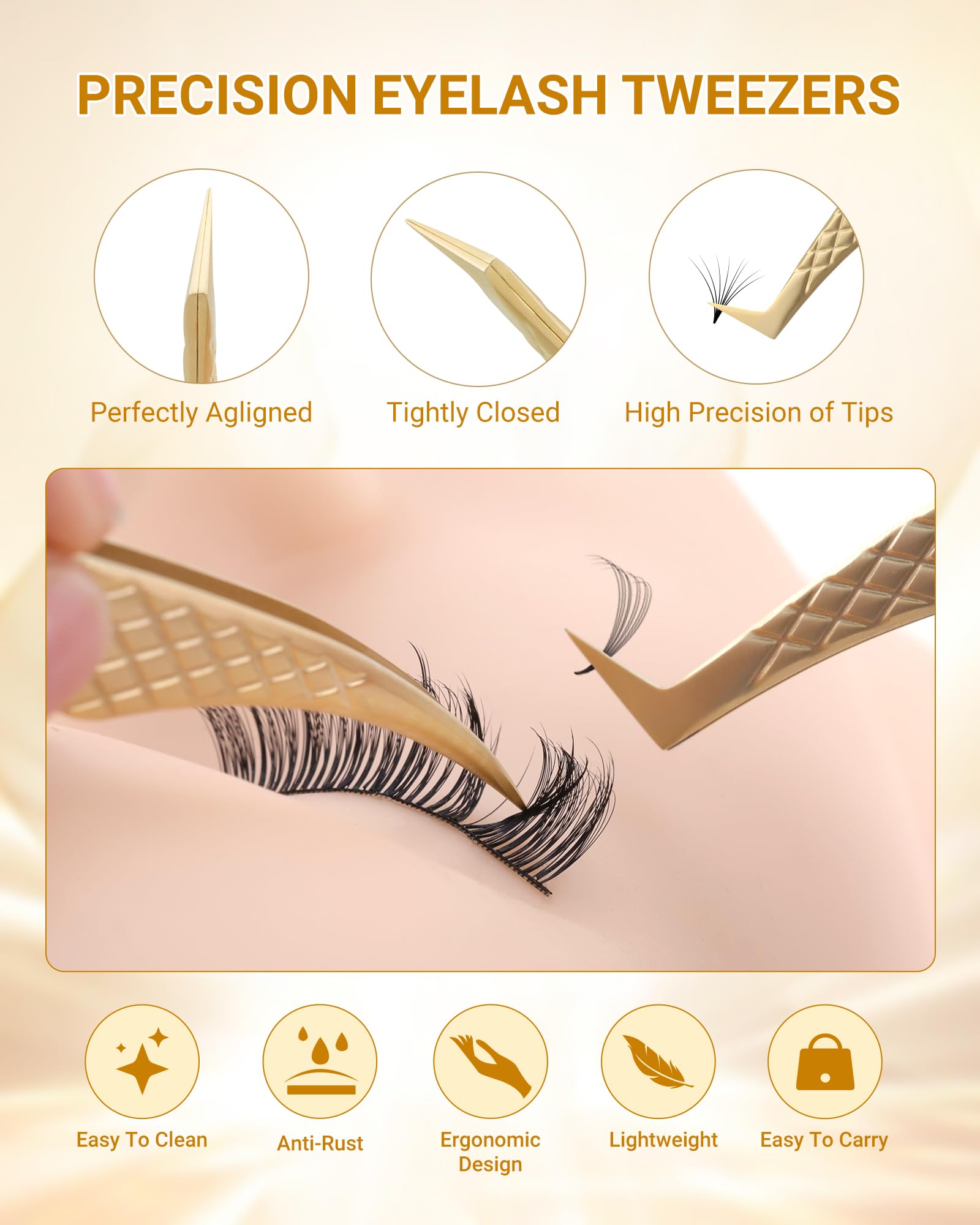 NAGARAKU Pinzas de Fibra Pestañas Juego de 5 Profesionales Sin Brecha Rectas Curvas Y Con Volumen De Acero Inoxidable Dorado Cierre Preciso Ligeras Con Tapas Protectoras Fiber Tweezers Set En La Punta