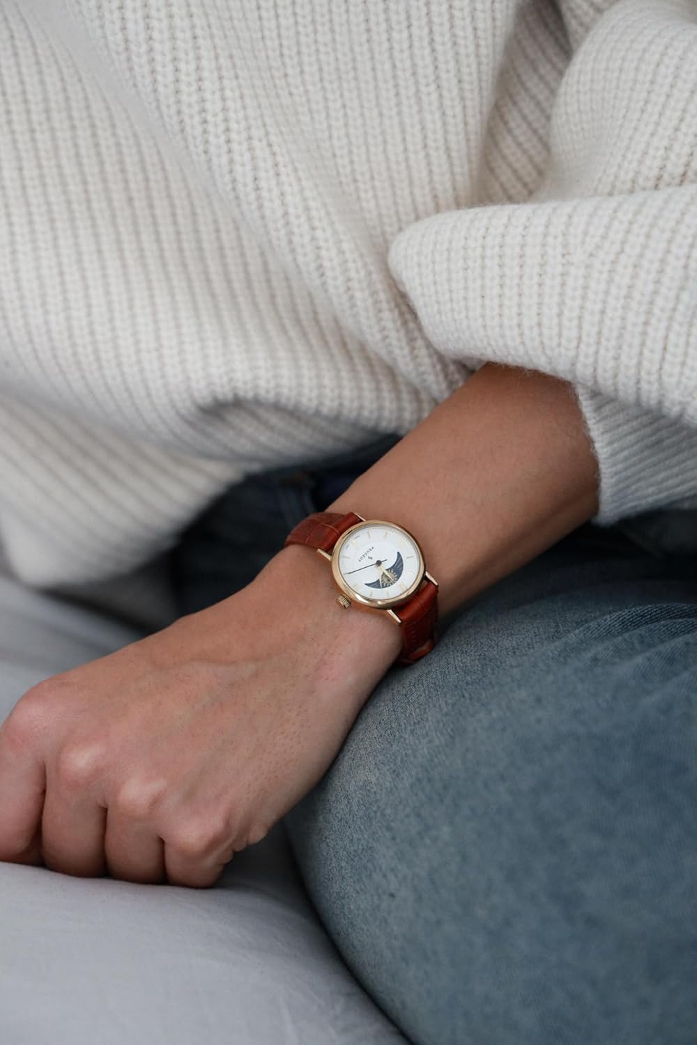 Peugeot Women 14K Plated Sun Moon Phase Vintage Dress Analog Watch with Leather Strap - Image 6