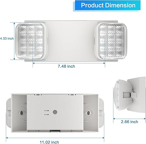 Miniatura 8 de EXITLUX 1 paquete de iluminación de emergencia LED con 2 cabezales LED, luces de emergencia comerciales blancas ajustables con batería de respaldo