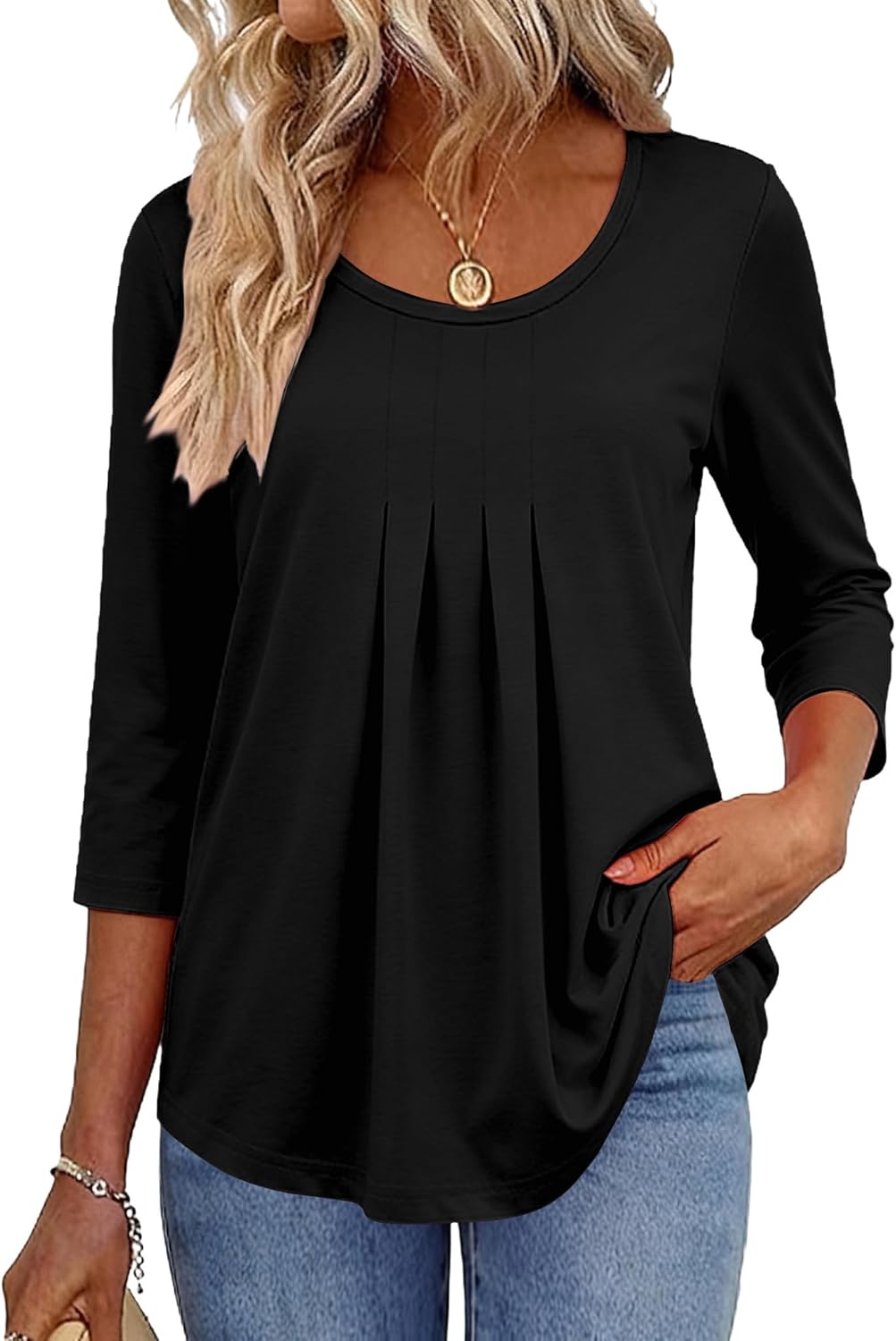Zeagoo 3/4 Sleeve Tops for Women Crew Neck Blouses Pleated Casual Shirts Fall Work Clothes 2026