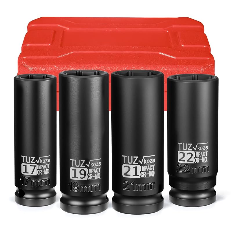 Kit de soquetes de impacto profundos TUZkozs, encaixe de 12,7 mm (1/2 pol.), métricos de 17, 19, 21 e 22 mm, 6 pontos, Conjunto com 4 peças