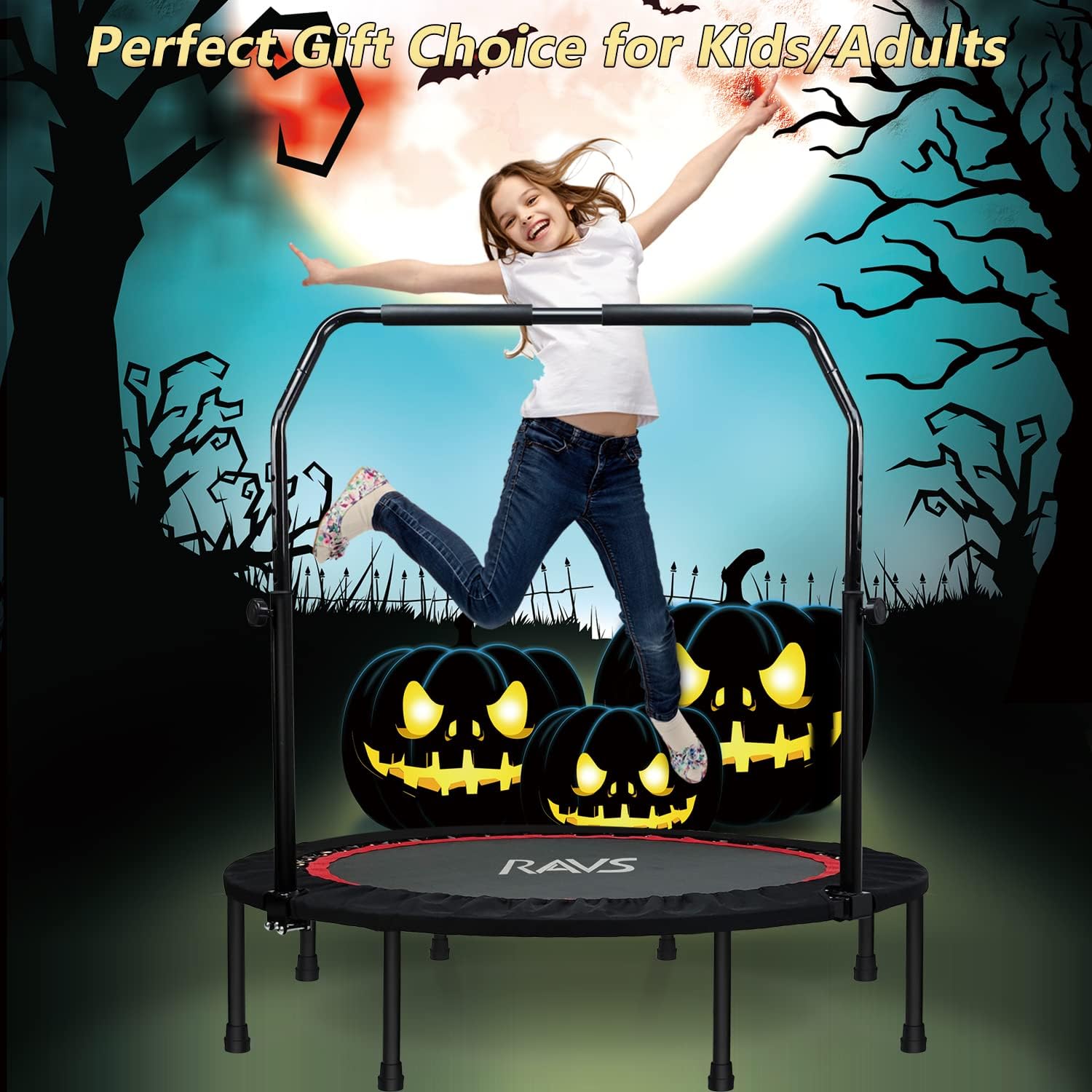 RAVS Mini Trampoline for Kids Adults 48" Foldable Fitness Rebounder Trampoline with 5 Levels Height Adjustable Handle, Resistance Bands - Exercise Trampoline Indoor Workout Max Load 440lbs : Sports & Outdoors