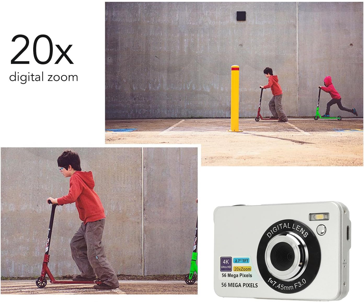 GOWENIC Digital Camera with text '20x digital zoom' and images of children on scooters.