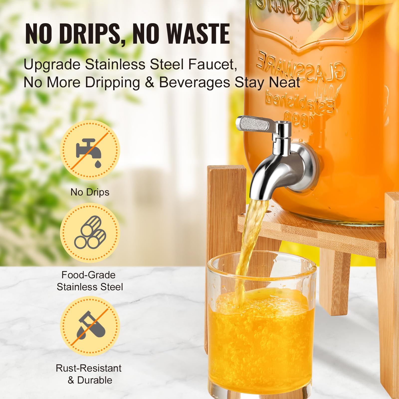 VEVOR Dispensador de Bebidas de 3,8 Litros para Fiestas, Dispensador de Jugo de Vidrio con Soporte, Espiga de Acero Inoxidable, Dispensador de Agua de Jugo de Limonada de Té Helado 244 x 150 x 150 mm — view 3