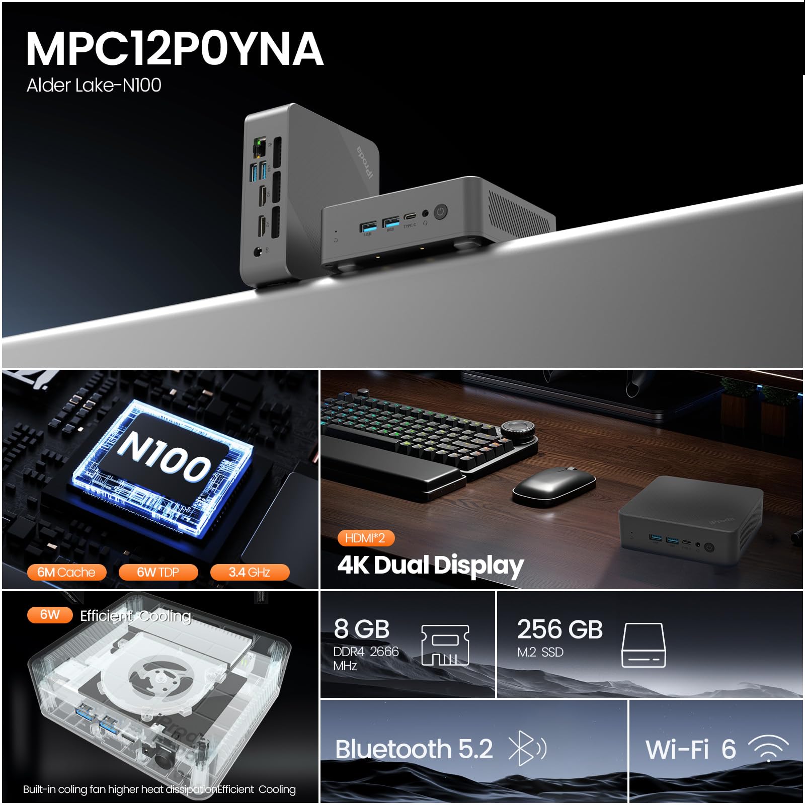 WayPonDEV BY51 Mini PC – Intel N100, 12GB LPDDR5, Windows 11 Pro, Dual 4K, WiFi 5, GbE – Compact & Krachtig