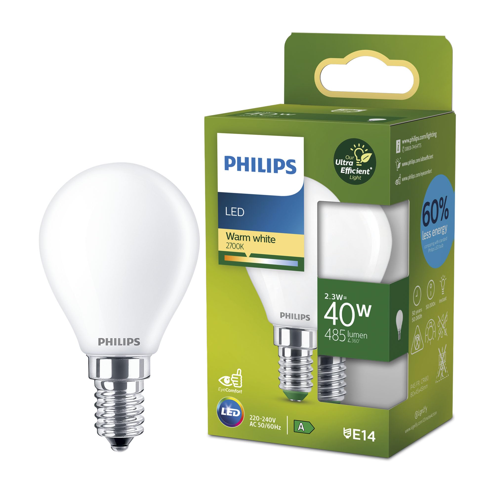 Philips LED Light Bulb Classic, UltraEfficient, 40W, 485Lm, P45, E14 2700K, Frosted Glass