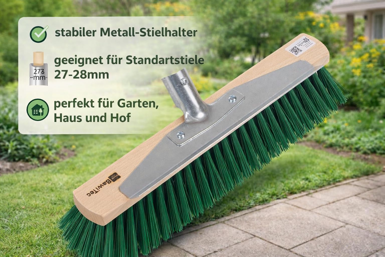 BawiTec Allzweckbesen, 40cm Breit/Lang, mit Kratzleiste/Schabekante und Metall-Stielhalter, Gartenbesen mit Stiel Besenstiel 160cm, Straßenbesen, grüne Borsten, Besen für Garten, Straße usw.