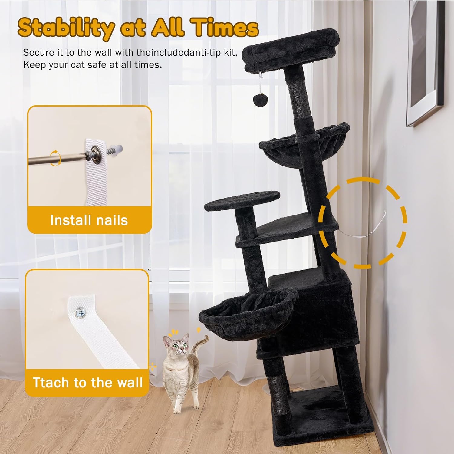 Tall Cat Tree,63in Multi-Level Cat Tower for Indoor Cats Large Adult,Gothic Cat Stand with Scratching Posts,Basket,Condo,Plush Perch,Cats Toys for Climbing,Interactive and Hidden,Black