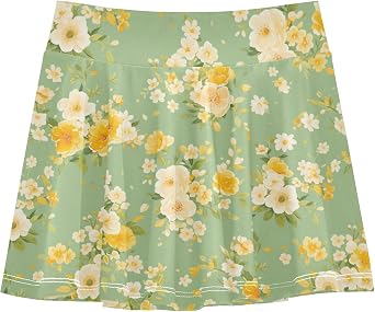 Begonia Yellow Flowers Green Girls Athletic Skirt with Shorts Skort for Little Girl Kids Cheer Skirt