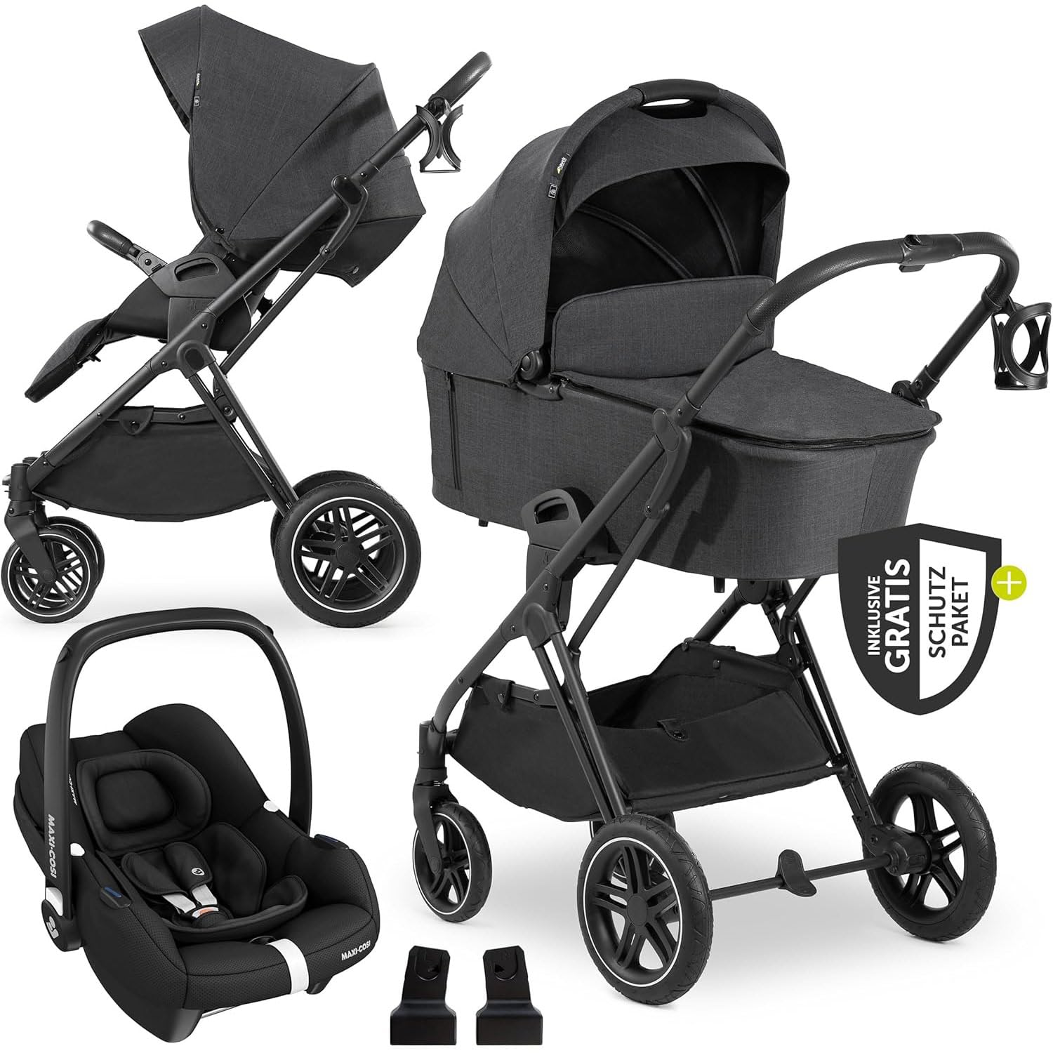 hauck Poussette 3 en 1 Vision X avec Siege Auto i-Size et Accessoires – Poussette Pliable Compacte Jusqu’à 25 kg, Set Complet avec Cosy Bebe et Nacelle, Noir Chiné