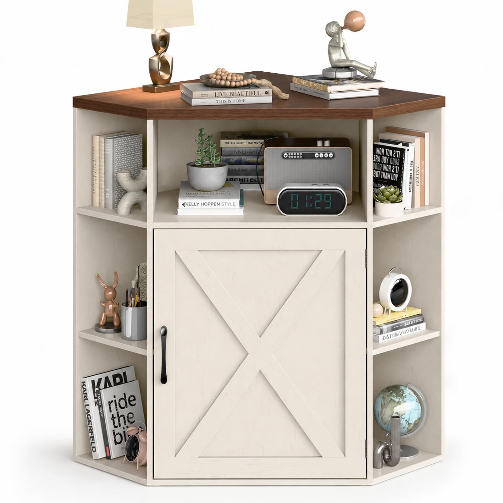mogilh Farmhouse Corner Cabinet, Wooden Corner Storage Shelf with 6 Cubbies
