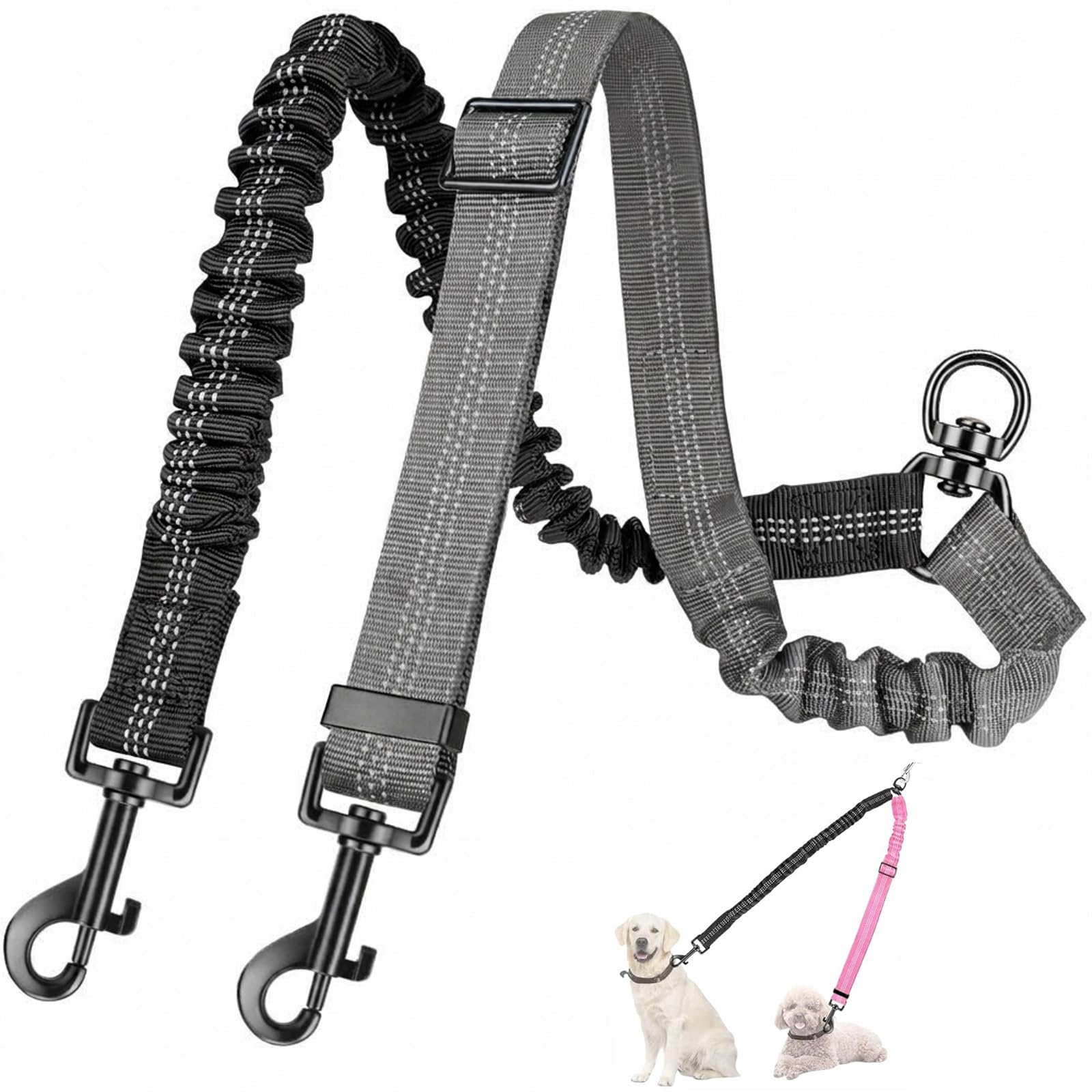Double Dog Lead,Two Dog Lead No Tangle 360° Swivel Rotation Double Ended Bungee Lead for Dogs, Adjustable Shock Absorbing Bungee Splitter Leash for Training, Small, Medium & Large Dogs (Grey)