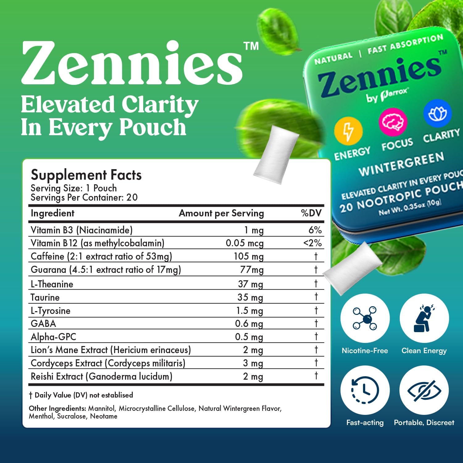 Zennies Caffeine Nootropic Pouches with Alpha GPC, L-Tyrosine & L-Theanine, Lion's Mane, Cordyceps, Reishi - Nicotine Free, No Sugar or Artificial Sweeteners Nootropic Energy Pouches, Wintergreen 5 PK