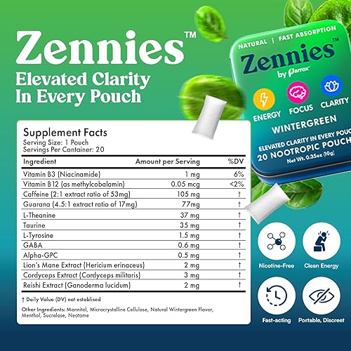 Miniatura 3 de Bolsas nootrópicas de cafeína con Alpha GPC, L-tirosina y L-teanina, melena de león, cordyceps, reishi, sin nicotina, sin azúcar ni edulcorantes