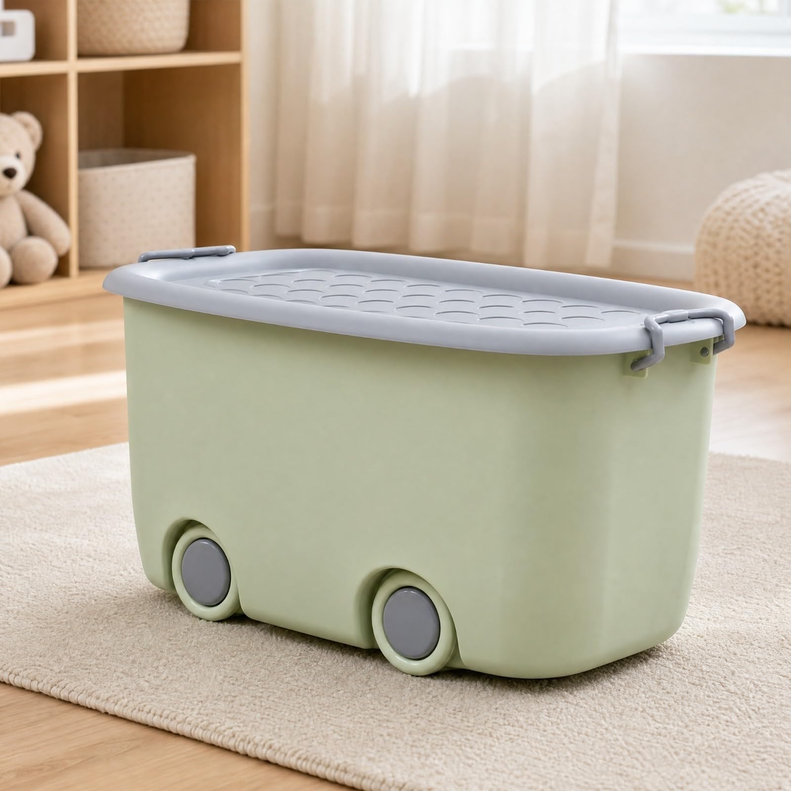 Caja Almacenamiento con Ruedas Móvil Recipien Plástico con Larales Organizador Armario Apilable para Estudio, Sala Estar, 48x32.5x25.5cm