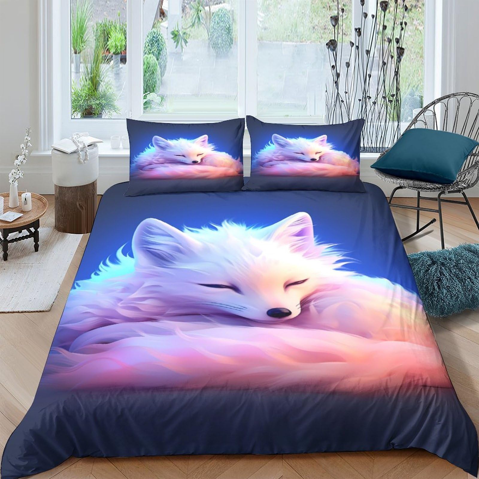 Ctjqhvkz Style-2 3D Printed Sleeping Arctic Fox Fitted Sheet Microfiber Soft Blue Pink Forest Mattress Cover Bedroom Decor Single（135X200cm）
