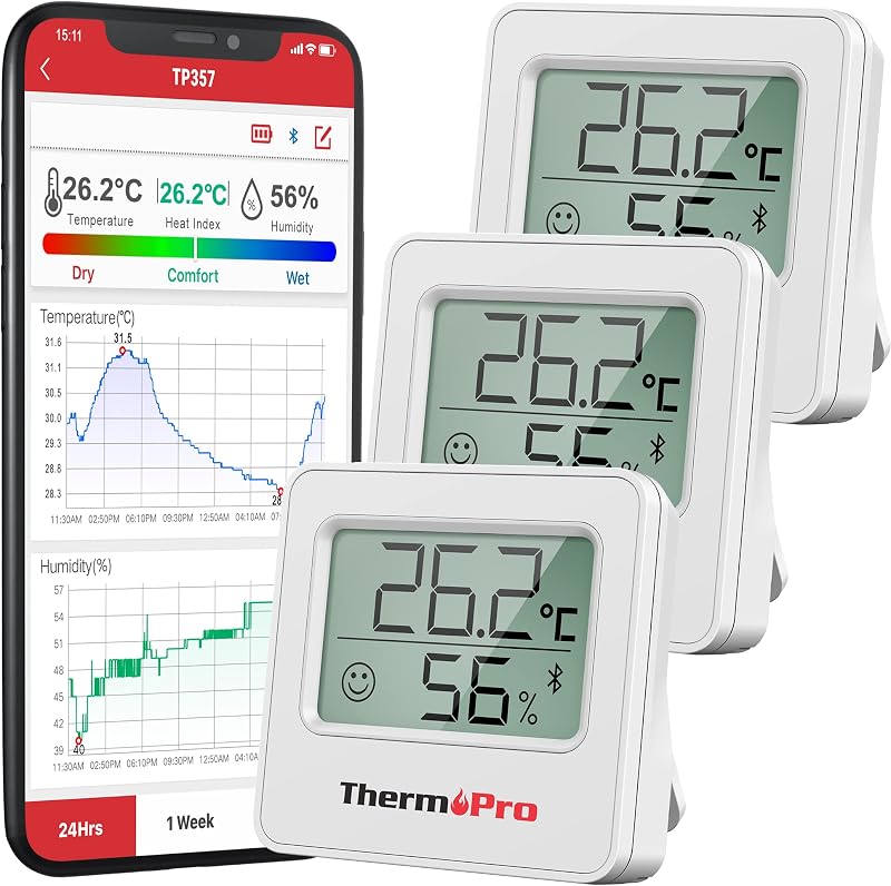 ThermoPro TP357-3 Bluetooth Hőmérő és Páramérő Szett - 3 db Digitális Beltéri Hőmérszkelet Mérő 80m Hatótávval, Applikációval, Adatgrafikonn