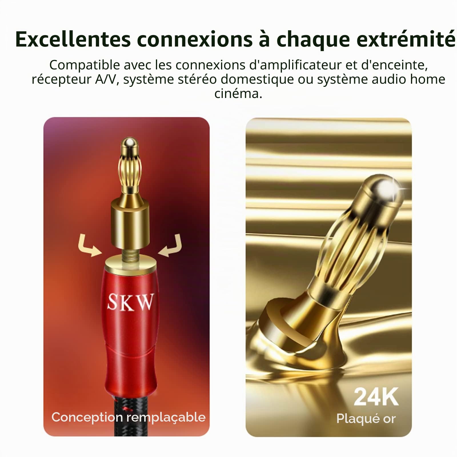 SKW Câble de haut-parleur simple 14 AWG, en cuivre OFC - Câble de haut-parleur avec fiches banane plaquées or, fiche à vis à fourche, tissu en coton tressé (5 m, rouge)