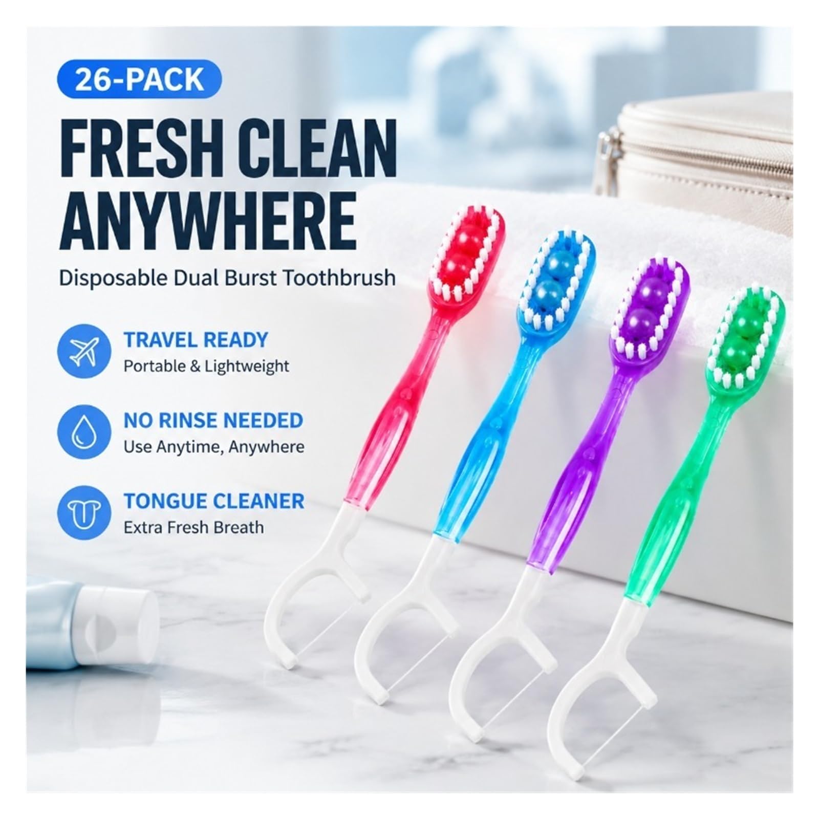 Cepillo dental desechable portátil con raspador lingual y perlas frescas | Limpieza profunda sin enjuague. Ideal para viajes, camping y oficina.(Mix 26 Pack)