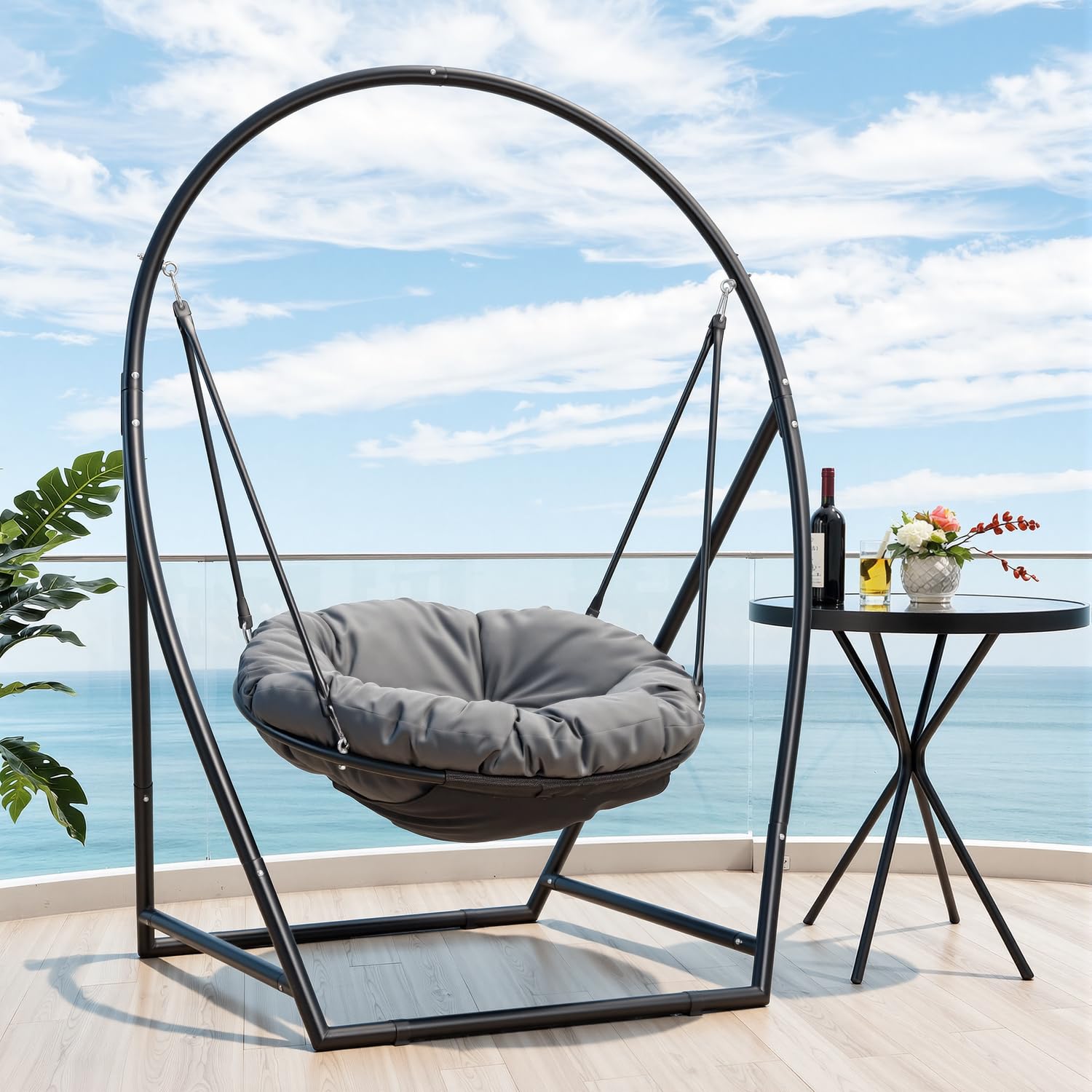 Hängesessel mit Gestell, Runder Hängesitz für Indoor und Outdoor, mit Großem Sitzkissen 100cm, Höhenverstellbar, bis 150kg Belastbar, Schwarz