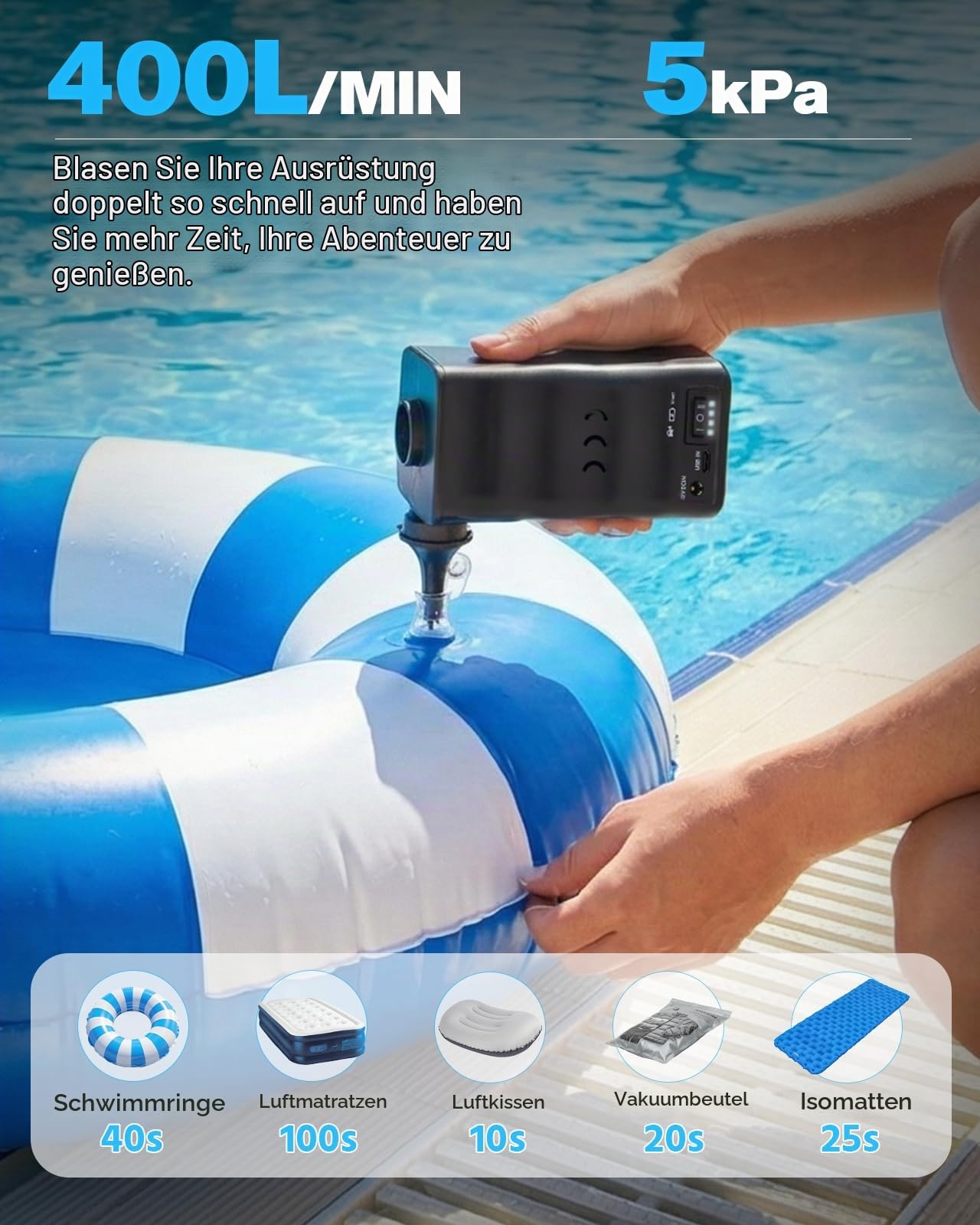 Zacro 6000mAh Elektrische Luftpumpe tragbare, 2in1 Inflate und Deflate elektrische Pumpe, USB und DC-Aufladung Akku luftpumpe eingebaute Batterie für Aufblasbaren Betten Luftmatratz Pool Schwimmring