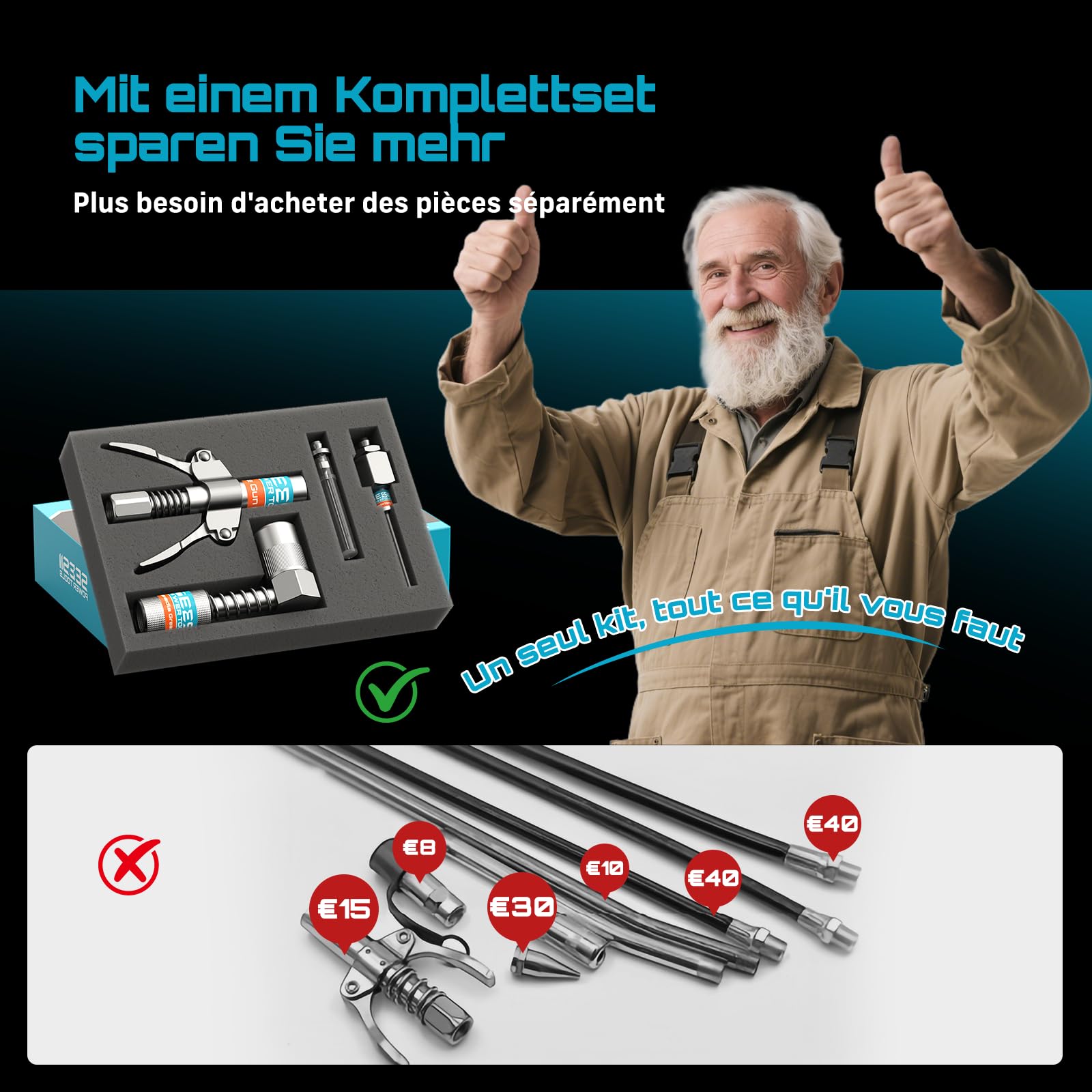Seesii Kit d'accessoires pour Pompe a Graisse, Comprenant Un raccord Rapide, Un Adaptateur à 90°, Un Tuyau Flexible de 30 cm et 2 Embouts pour graissage Facile dans Les espaces étroits et Profonds