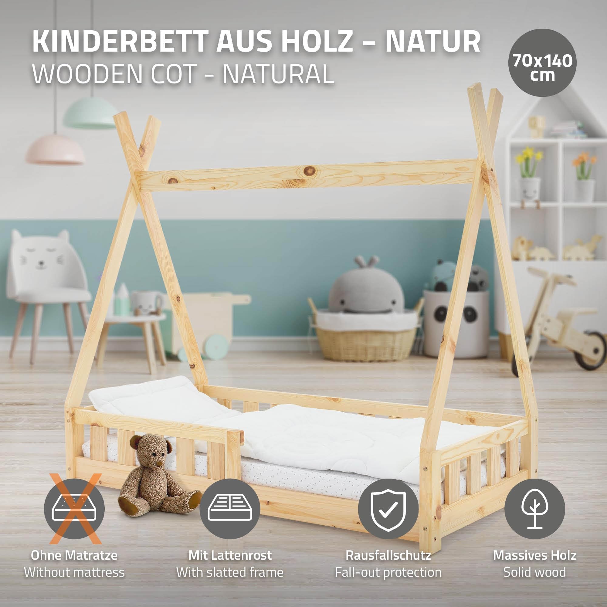 ML-Design Kinderbett Tipi 70x140 cm Natur mit Rausfallschutz und Lattenrost, Indianer Bett aus Kiefernholz für Mädchen & Jungen, Hausbett mit Zaun, Kinderhaus Bodenbett Jugendbett Spielbett Zelt
