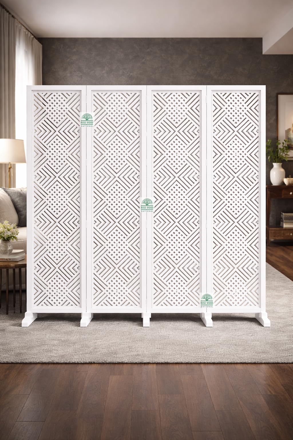 Rose Wood National Wooden Room Divider 6 Feet, 4-Panel Folding Wooden Partition for Living Room, Office, Pooja Room, Restaurant, Kitchen & Balcony (2W x 1.82H Meters). (White-Black Border)