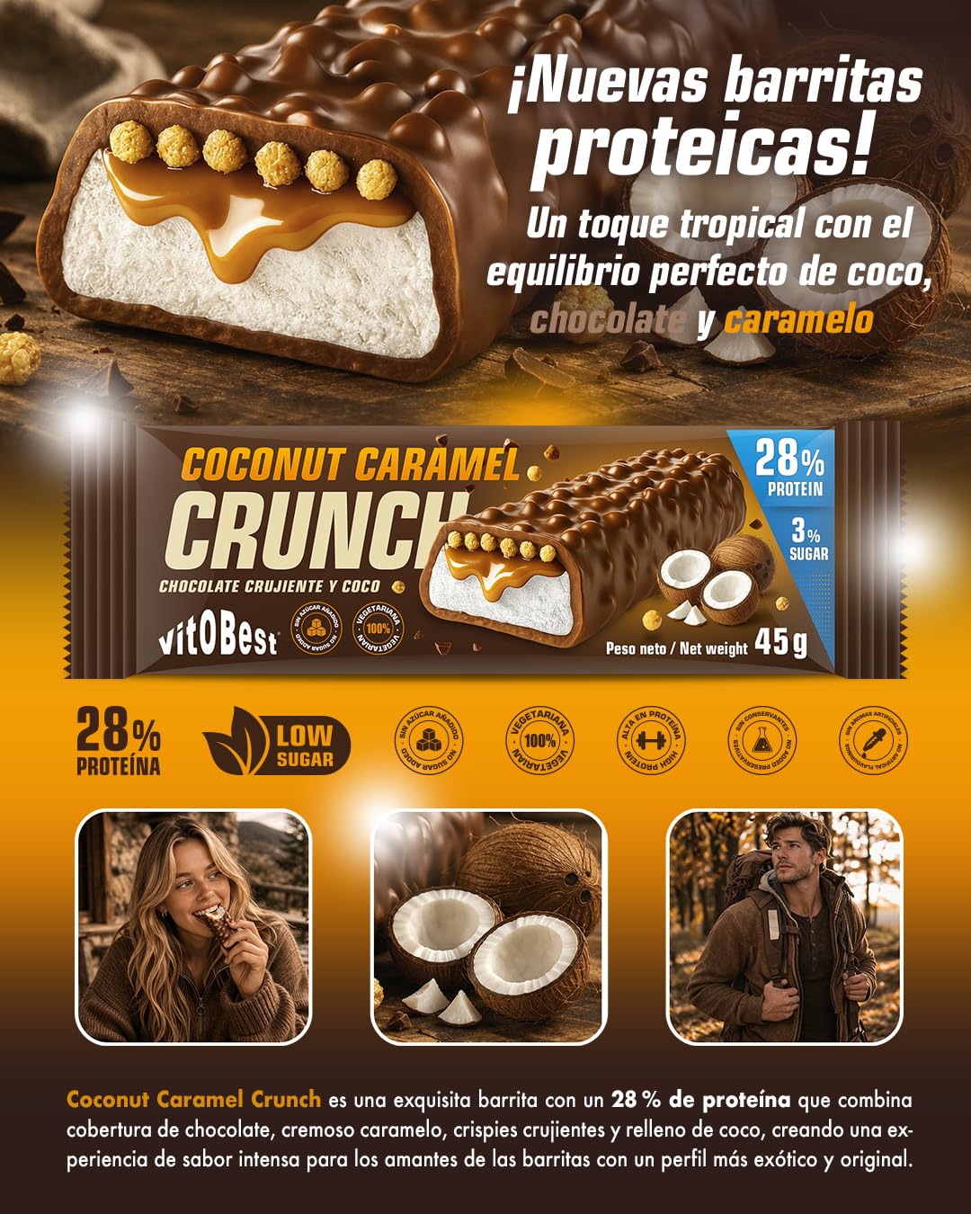 VITOBEST | Barritas Coconut Caramel Crunch | 28% de proteína con delicioso sabor y textura, Sin azúcares añadidos | Sabor Chocolate crujiente, Caramelo y Coco - 24 barritas x (45 g)