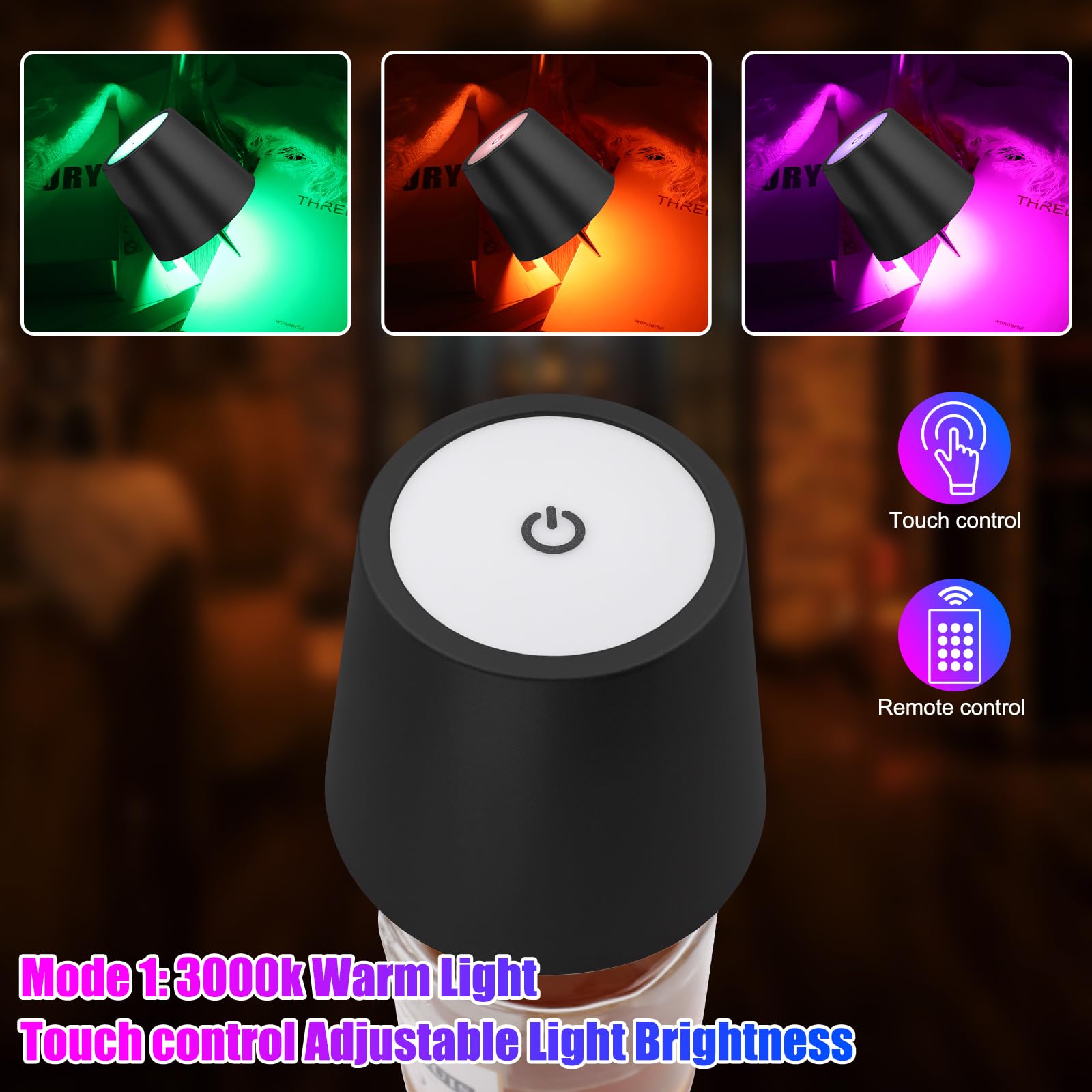 Kabellose Flaschenlampe mit Fernbedienung, wiederaufladbare RGB-Weinflasche mit 3 Modi, Lichtdimmung, wasserdichter Touch-Lampenkopf für Zimmer, Bar, Restaurant und Party-Dekorationen (schwarzes RGB)