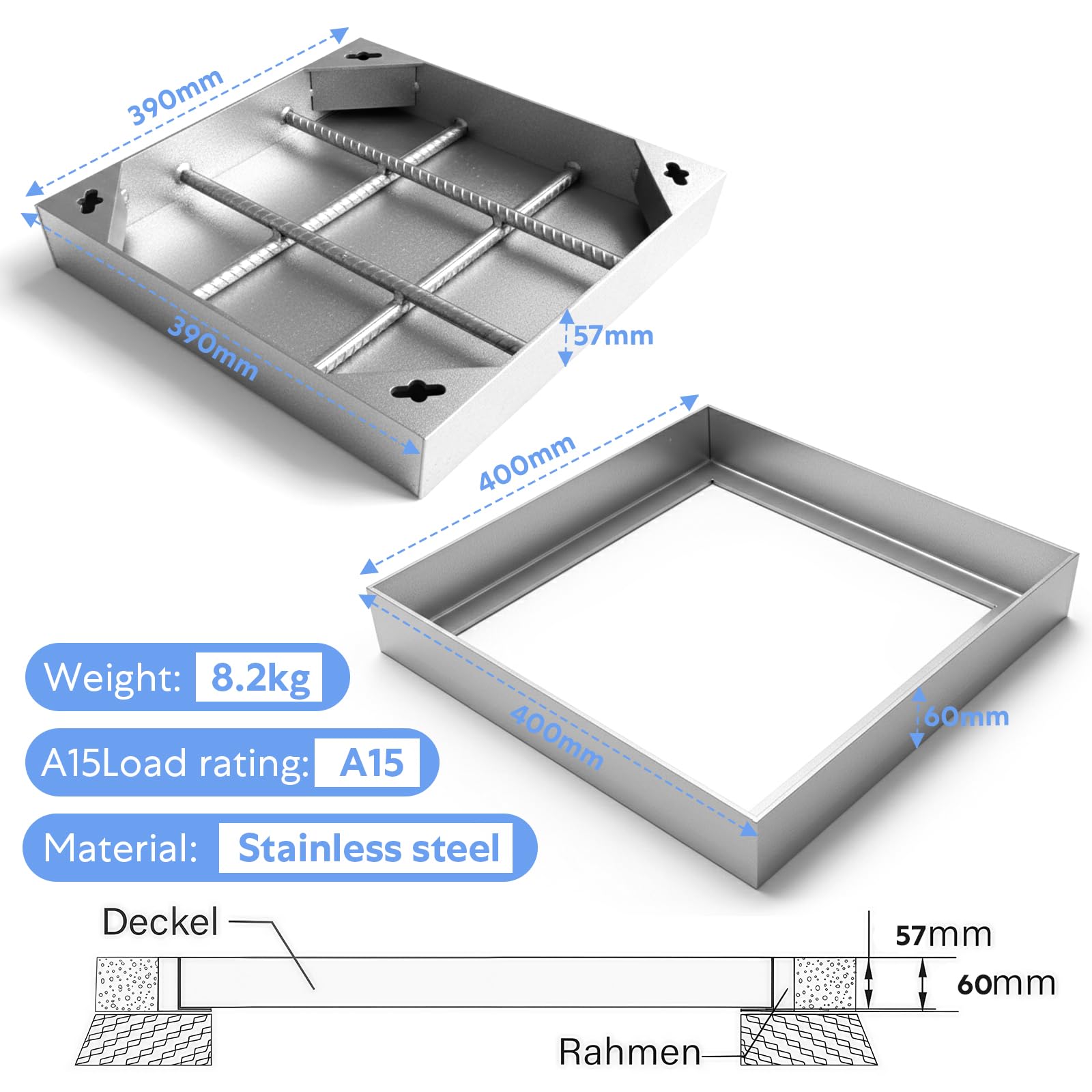 Tapa de alcantarilla 400x400mm con marco de acero inoxidable A15 - Resistente y antirrustica, para baldosas, alcantarillados y tuberías, apta para interior y exterior