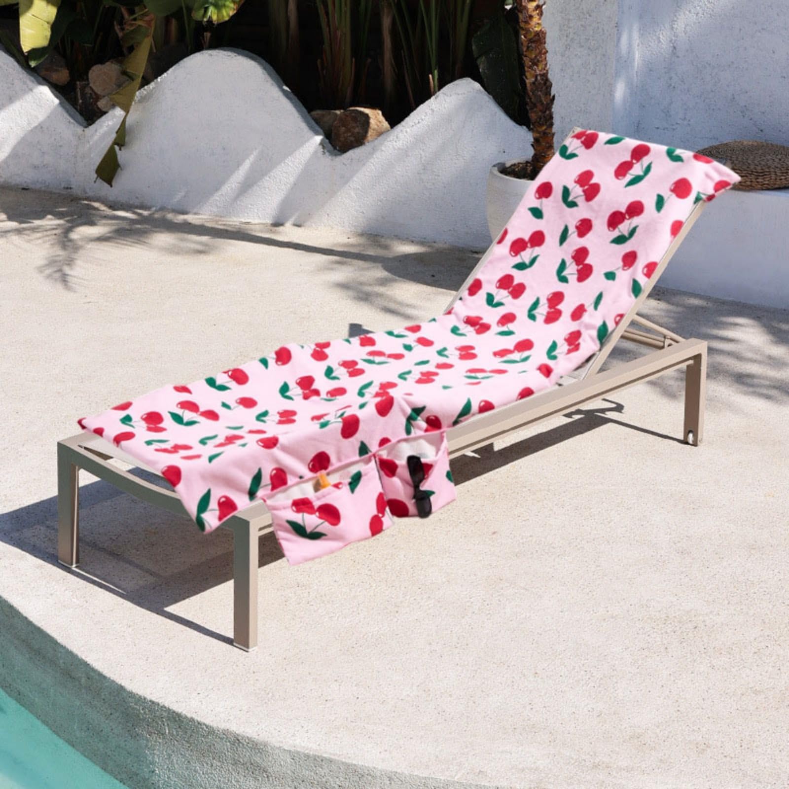 Surwin Funda para Tumbona de Playa con Bolsillos Laterales, Microfibra Funda para Toallas Ajustable para Tumbonas de Playa para Tumbonas de Jardín, Tomar el Sol (75x210cm,TT01Cereza)