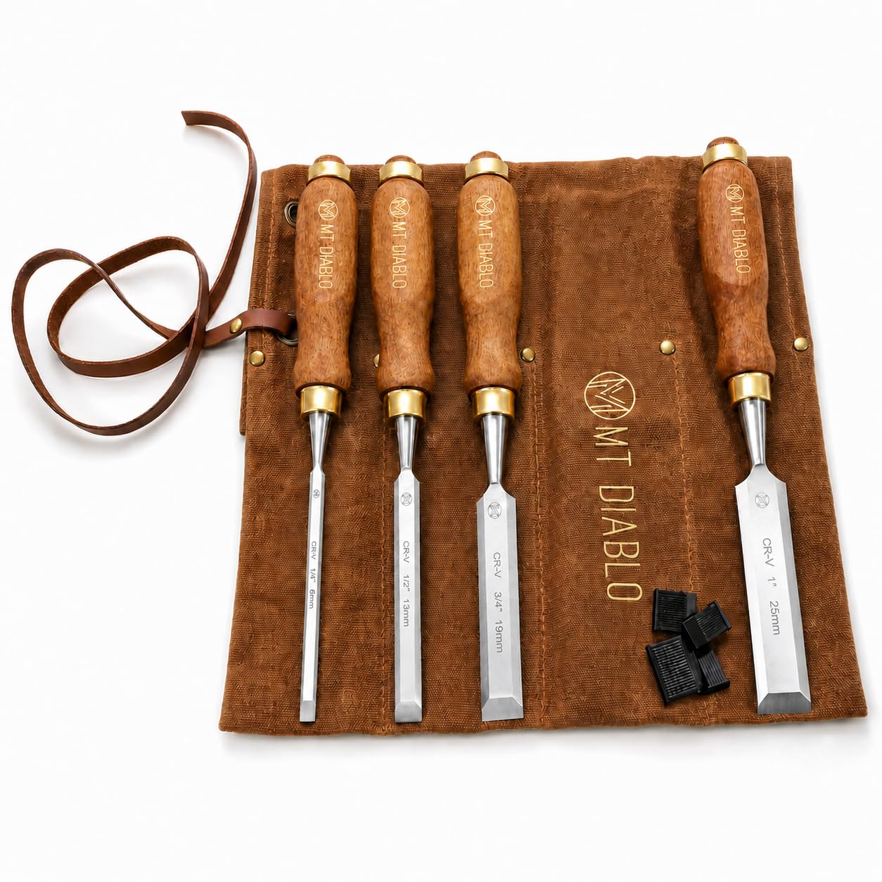 Mt Diablo Juego de 4 cinceles de madera de acero CV60 de alta calidad con asas ergonómicas, incluye anchos de 1/4 pulgadas, 1/2 pulgadas, 3/4 pulgadas, 1 pulgada, ideal para carpinteros, rollo de