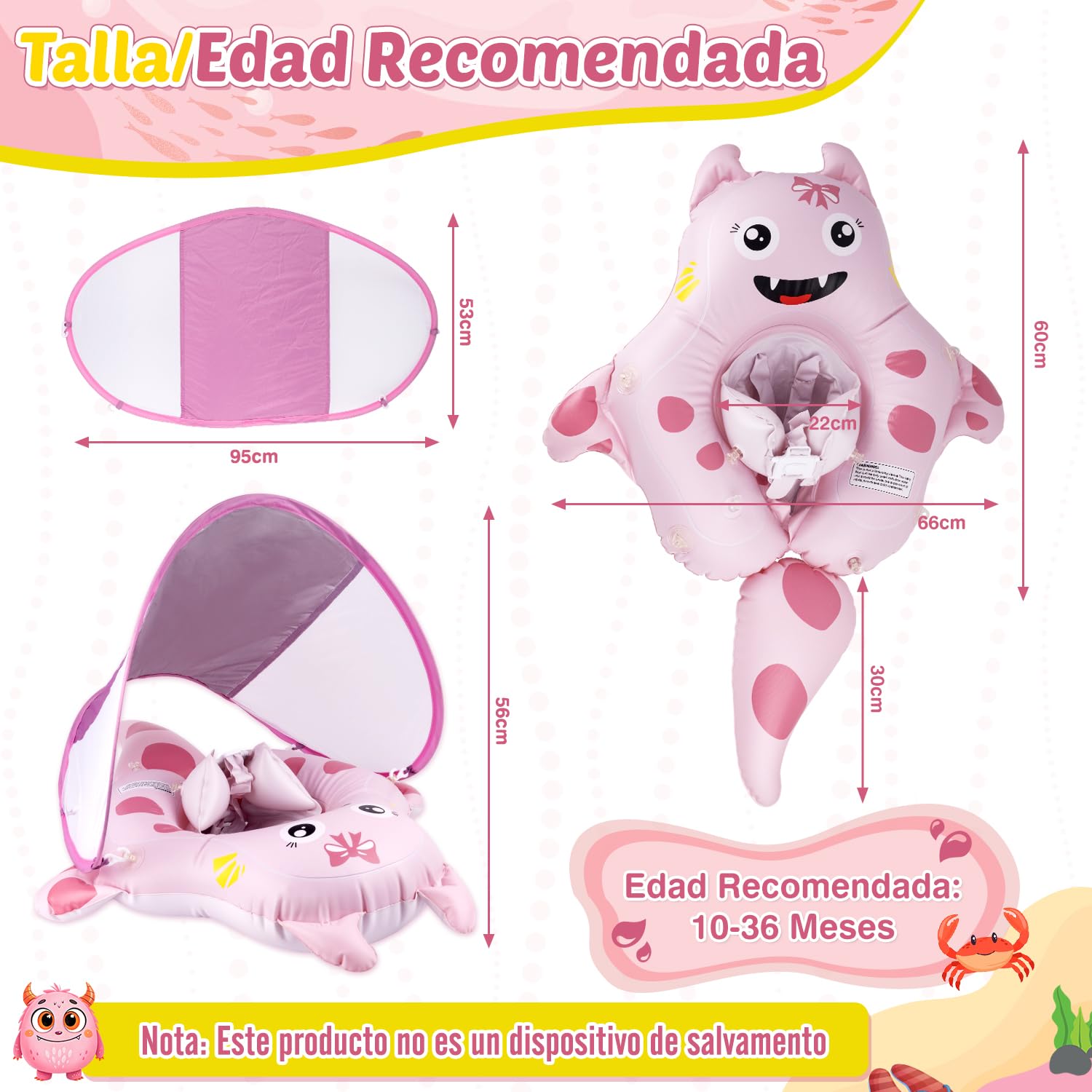 Flotador Bebe con Sombrilla, Protección UV UPF 50+, Anillo de Natación Inflable Bebé con Asiento Seguridad y Bola de Equilibrio Antivuelco, Flotadores de Piscina para Bebes 10-36 Meses