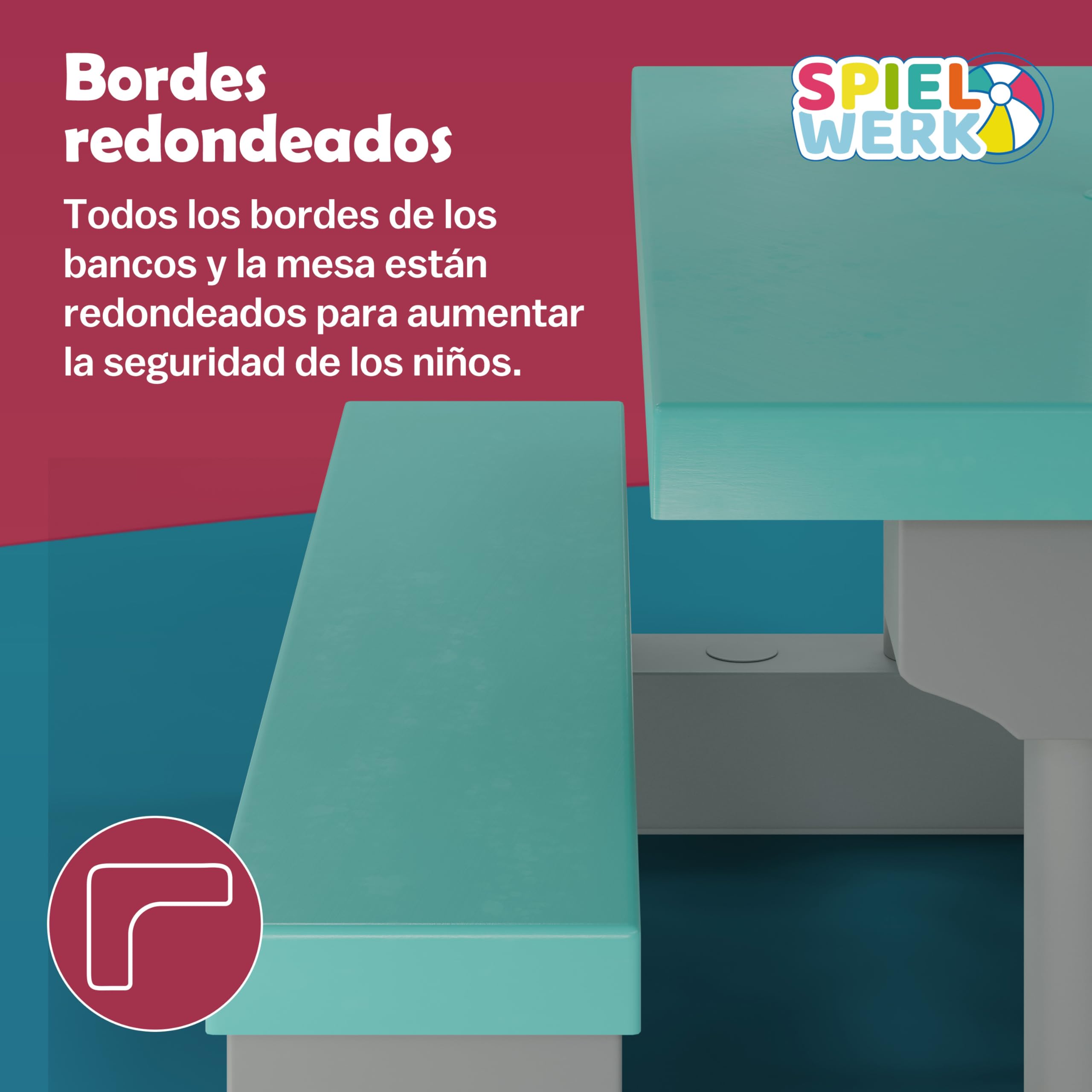 Spielwerk® Juego Mesa y Bancos Infantil Sombrilla Protección UV 4 Niños Intemperie Set Picnic Jardín