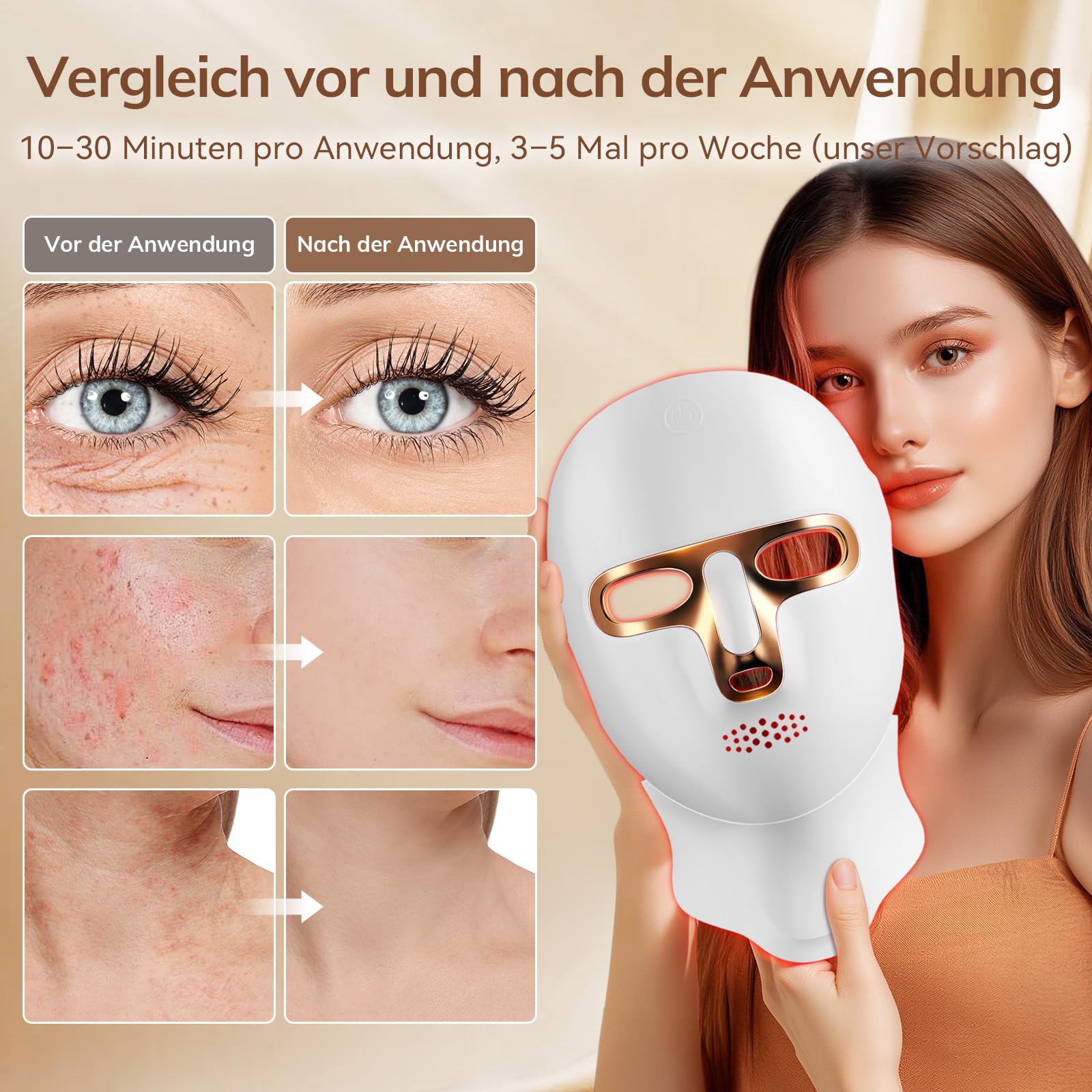 ONLUKY LED Maske Gesicht Anti-Aging Rotlicht-Therapie mit Infrarot, USB-C-Ladung, 120 LED, inkl. Halsaufsatz, Gold