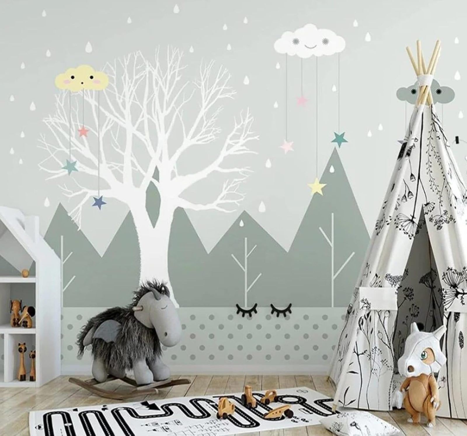 Tzxztt Hand Drawn Cartoon Large Tree Clouds Raindrops Modern 3D Wallpaper Premium Textured Silk Neutral Tones Material Ideal for Living Room Bedroom-430cm×300cm